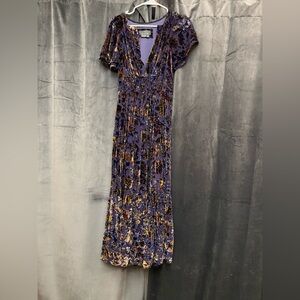 Anthropologie Somerset Blue and Gold Floral Velvet Maxi Dress